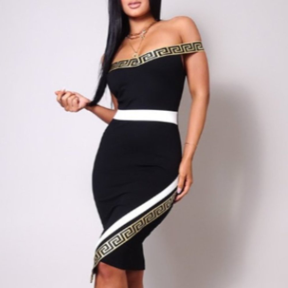 Gold Geometric Trim Off The Shoulder Midi Dress